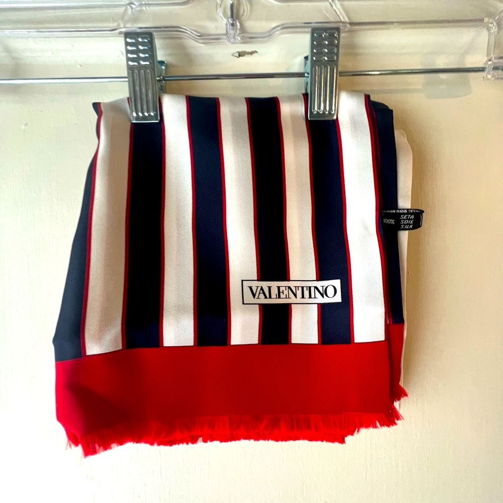 Valentino Red, White & Navy Striped Silk Scarf